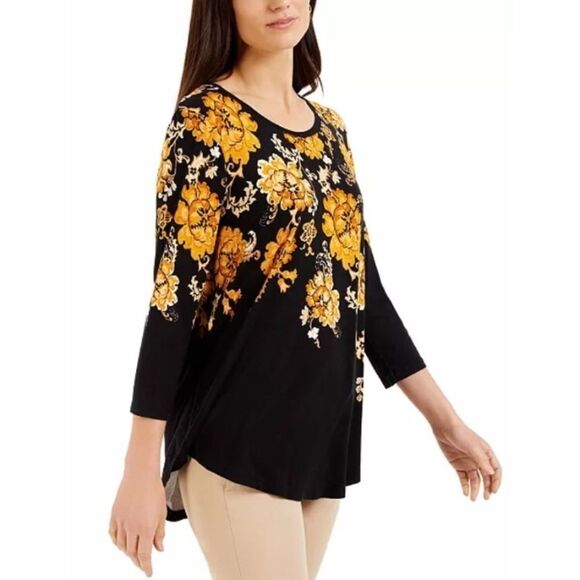 JM Collection Floral-Print 3/4-Sleeve Top women’s size medium - Picture 1 of 5